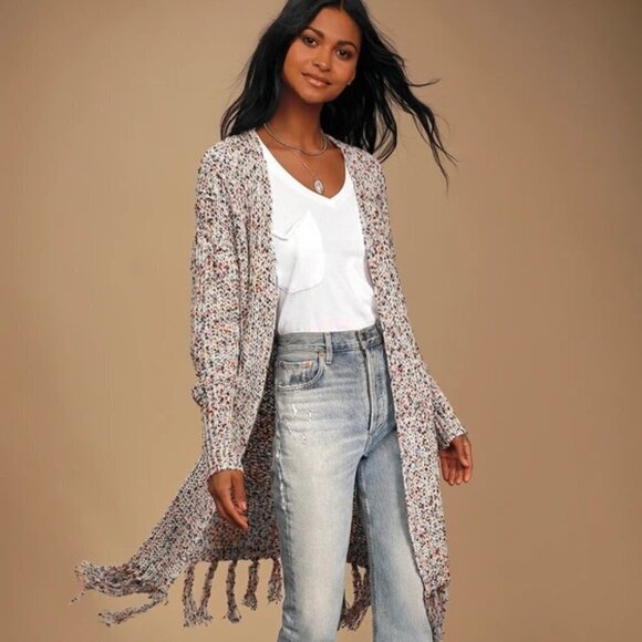 Lulus Sweaters - NWT Lulus Fantastic Fringe White Multi Color Cardigan Sweater Longline S…